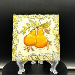 Vintage 1980's Joy Alldredge Fruit Ceramic Relief Tile Plaque Pears Artist Sign